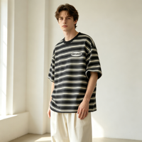 T-shirts rayés AMLClever pour hommes, 350 g/m², noir et blanc, coupe décontractée, coton et polyester, unisexe, pour impression DTG DTF, logo personnalisé, OEM