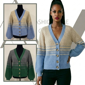 Cardigan da donna in maglia a blocchi di colore a righe con scollo a V, maniche raglan, bottoni, morbido e casual, ideale per l'inverno - Product Image 1