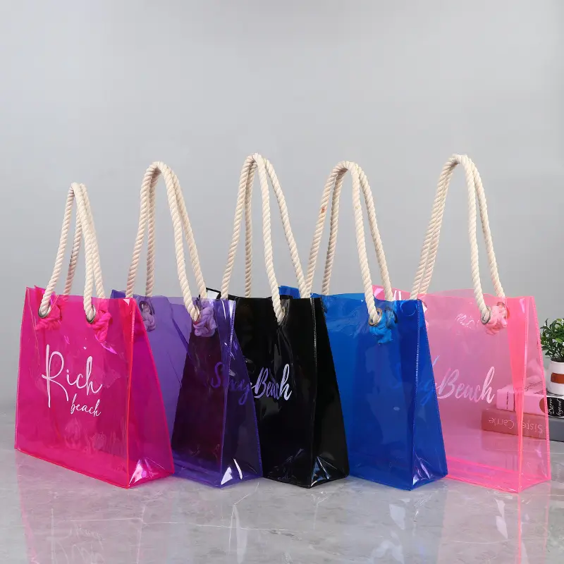 Reasuble Eco Waterproof Vinyl Jelly Clear Shopping Handbag Custom Transparent Neon Plastic PVC Beach Bag With Cotton Handle