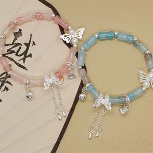 Bracelet en perles de bambou chinois tendance avec pendentif clochette et papillon, bijou en verre de qualité supérieure pour femme - Product Image 2