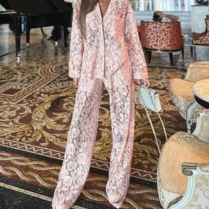 Hot New Arrival Women's Wear Sexy Collared Shirt & <b>Pants</b> Lace Sheer 2-Piece Set Fashion - Product Image 1