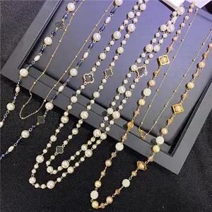 Aug bijoux collier mélanger et assortir en gros nouvelle mode perle double chandail chaîne long cristal véritable or dames collier