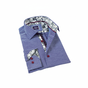 Slim Fit Men's Shirt with Blue Jeans Look, Floral Pattern Detail on Collar and <b>Cuff</b> - Product Image 2