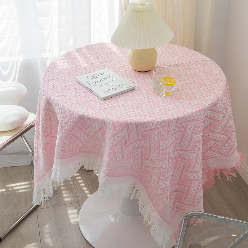 Couverture de Table ronde lavable pour l'extérieur, carreaux Walf couleur Pure, nappe en lin et coton lavable avec pompon