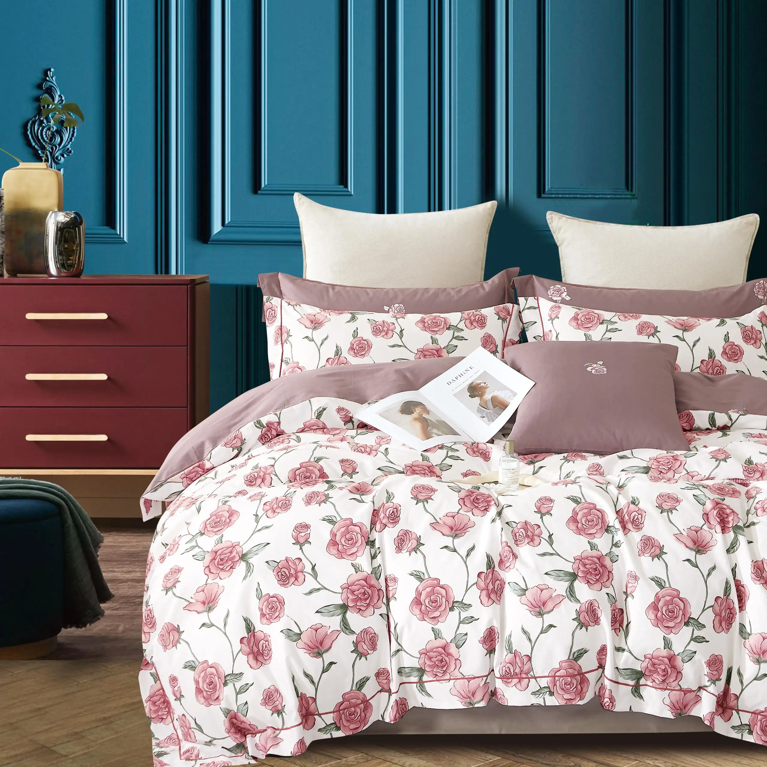 Pink flower print pure cotton bed linen fabric 250cm width cotton fabric