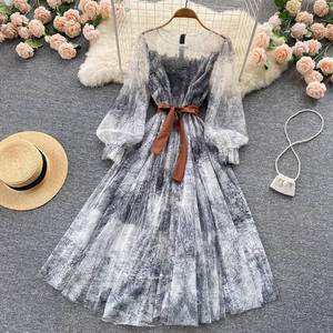 Robe trapèze à manches bulles vintage style super immortel pour femmes robe trapèze imprimée en maille fine pour premier amour - Product Image 6