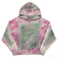 Sweat à capuche zippé personnalisable tie-dye étoilé pour homme, style streetwear vintage délavé, coupe oversize avec détails éclaboussures de peinture