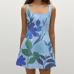 Nuovo <span class=keywords><strong>Abito</strong></span> Mini da Donna Wisrise, Stampa Floreale Azzurra, Scollo Quadrato Senza Maniche, Vendita all'Ingrosso - Product Image 3