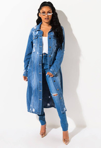 Vente en gros <span class=keywords><strong>Hiver</strong></span> Déchiré Jean Trenchs Mode <span class=keywords><strong>Longue</strong></span> Veste Denim Femmes - Product Image 3