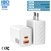 IBD venta al por mayor personalizado PD 65W Gan cargador rápido EE. UU. UE Reino Unido AU India enchufe tipo C USB carga rápida teléfono portátil cargador de pared adaptadores