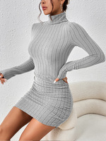 Gaun Bodycon Wanita Kerah Mock Neck Lengan Panjang Bergaris Mini Elegan untuk Pesta Koktail Musim Gugur Musim Dingin 2026