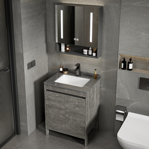 Meuble-lavabo <span class=keywords><strong>de</strong></span> salle <span class=keywords><strong>de</strong></span> bain <span class=keywords><strong>de</strong></span> luxe gris en aluminium, à poser au sol, avec vasque en céramique, double porte sans poignée, miroir intelligent LED anti-buée, pour <span class=keywords><strong>la</strong></span> maison - Product Image 4