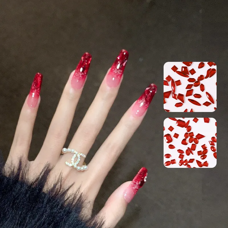 Özel şekilli Flatback Rhinestones Nail Art kırmızı taş çivi düz Rhinestones Nail Art