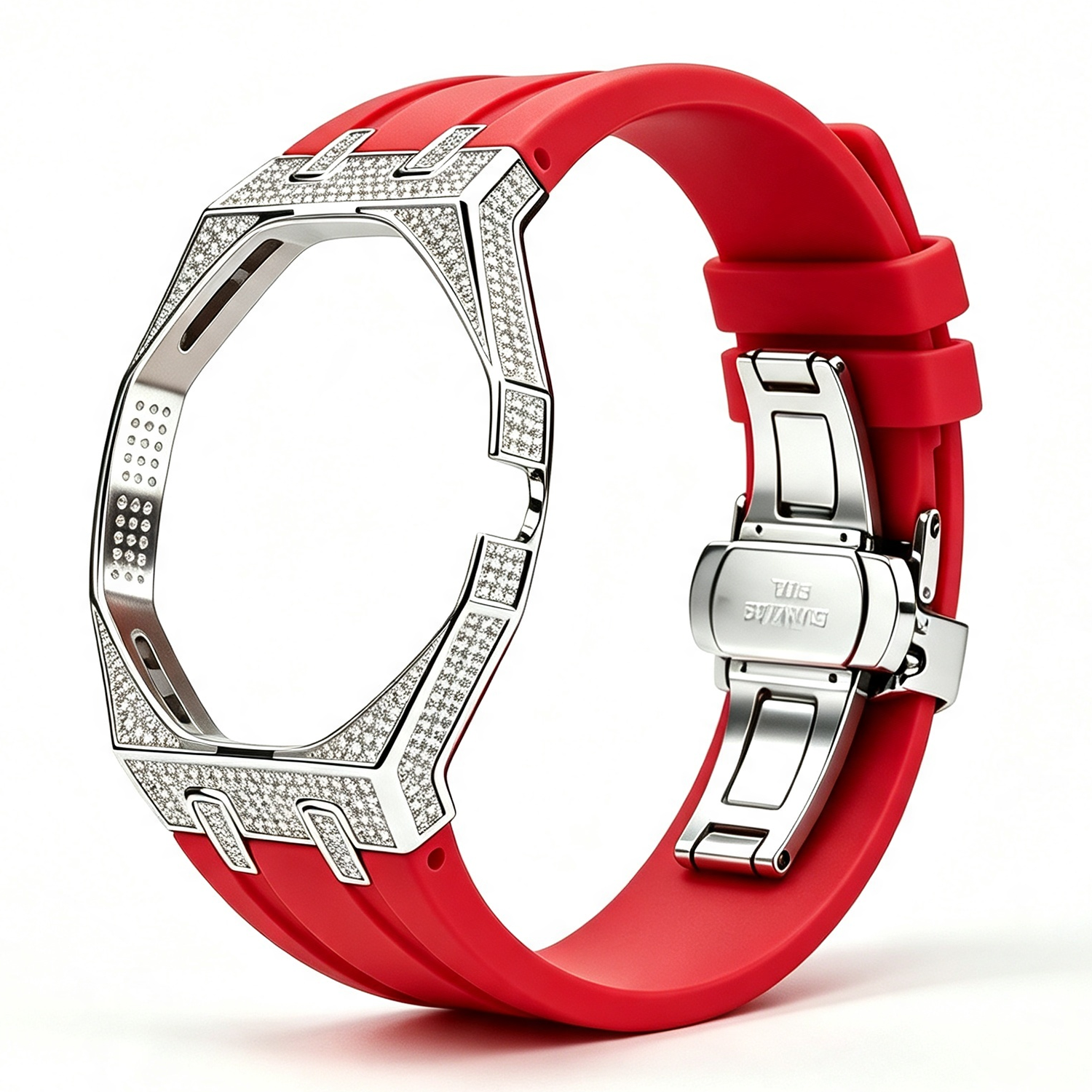 Bague argentée, diamant, bande rouge, 3 heures.