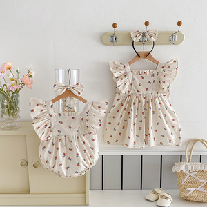 Conjunto de Macacão e Faixa de Cabelo para Bebê Menina Sisters Summer, Vestido Infantil Estampado Fino, Roupas Doces para Crianças - Product Image 1