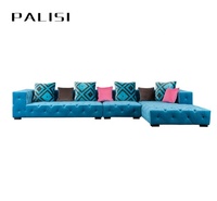Muebles de Moda, Sofá de Terciopelo Azul con Capitoné en Forma de L de 7 Plazas, Conjunto de Sofá Moderno para el Hogar, Sofá Chaise Longue para Sala de Estar