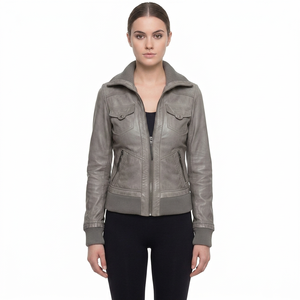 Wholesale <b>Women</b> Grey Sheep Skin Eco-Friendly Windproof Bomber <b>Jacket</b> Ribbed Trim Flight Moto Coat Custom Full Zip Utility - Product Image 1