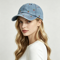 Gorra de Béisbol de Mezclilla con Bordado de Cereza, Gorras de Béisbol Unisex de Algodón Lavado de 6 Paneles, Gorras Deportivas Casuales para Exteriores