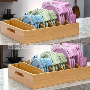 Bamboo Lid Holder With Removable Dividers Rectangular Desktop Storage <b>Rack</b> For Kitchen Containers And <b>Plates</b> - Product Image 1