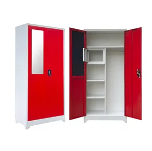 Metal Staff Wardrobe Hanging Clothes Storage locker Cabinet 2 Door Locker Metal Steel With Mirror Metal Locker