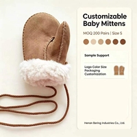 Mitaines pour enfants en cuir d'agneau double face de qualité supérieure, coutures fines, taille S, avec cordon anti-perte