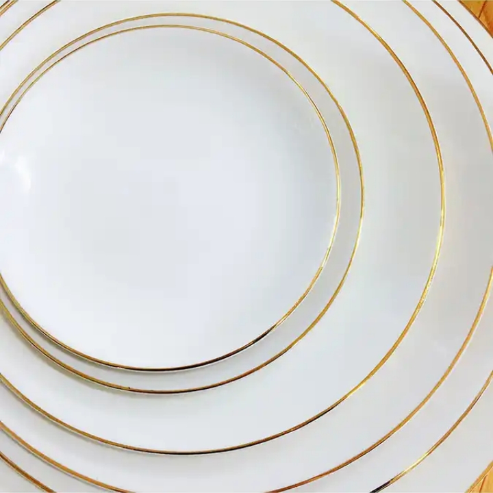 Customized Ceramic Plate Serving Dishes Gold Rim White Dinner Plates Luxury Tableware Set