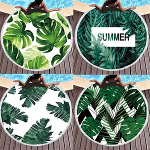 leaves printed washable compressed travel round shape beach towel for holiday