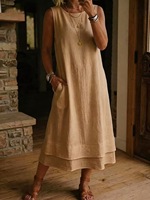 Robe midi décontractée et élégante en lin sans manches à col rond pour femme, grande taille, haute qualité, collection été 2026