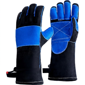 Leather Safety <b>Gloves</b> Blue Black Adjustable Wristband Anti Slip Abrasion Resistant General Purpose - Product Image 1