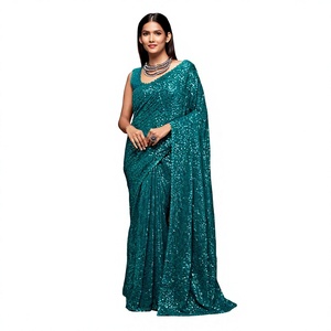 Sari de Georgette de Lujo con Bordado de Lentejuelas Azul Turquesa Moderno para Fiesta de Cóctel de Invierno, Estilo Tradicional Indio, Venta al por Mayor - Product Image 1
