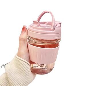 ขวดน้ำแก้วแบบสองชั้น 350 มล. พร้อมฝาปิด แก้วกาแฟพกพาสำหรับสาวๆ แก้วนมพร้อมฝาปิดและหลอด - Product Image 5