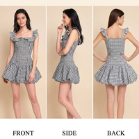 Robe Courte Femme Personnalisée Coupe Évasée Imprimé Plaid Respirante Mini Été Décontractée Tissée Impression Numérique Volants à l'Ourlet Manches Courtes