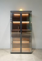 Meuble d'appoint de cuisine modulaire moderne avec portes en acier inoxydable et en verre, finition ultra brillante, 4 tiroirs, pour appartement et villa, avec charnières