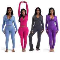 Ensemble de survêtement sportif pour femme avec logo personnalisé, veste unie à fermeture éclair en dentelle, pantalon évasé ajusté, pantalon évasé long et sweat à capuche basique