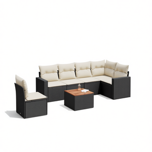 Solid Acacia Wood Garden <b>Sofa</b> Set In Black And Brown Pe <b>Rattan</b> 6 Seater Outdoor Furniture Contemporary Design - Product Image 1