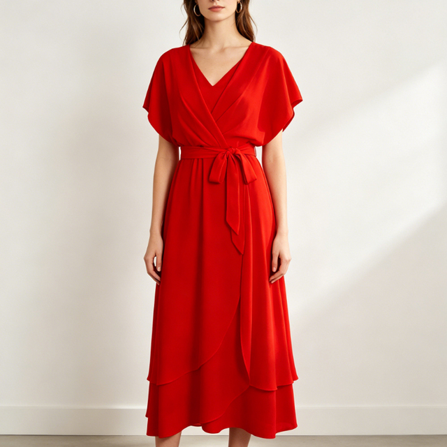 Custom Summer Red Dress for Women, V-Neck Batwing Sleeve Belted A-Line Midi Dress, Casual Party Vacation Beach Wear
