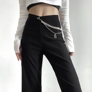 New Design Plus Size Pants Straight Denim Chain Solid Women's Pants Trousers
