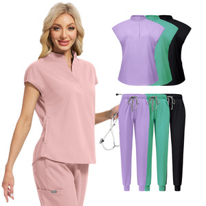 Conjuntos de Uniformes Médicos para Mujer/<span class=keywords><strong>Hombre</strong></span>, Cuello Alto con Cierre, Color Sólido, Poliéster, Parte Superior y Pantalones para Uso Hospitalario - Product Image 4