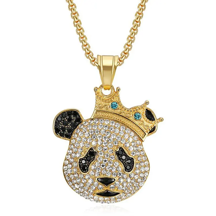 Hip hop iced out jewelry stainless steel crystal diamond panda necklace custom gold plated crown pendant necklace