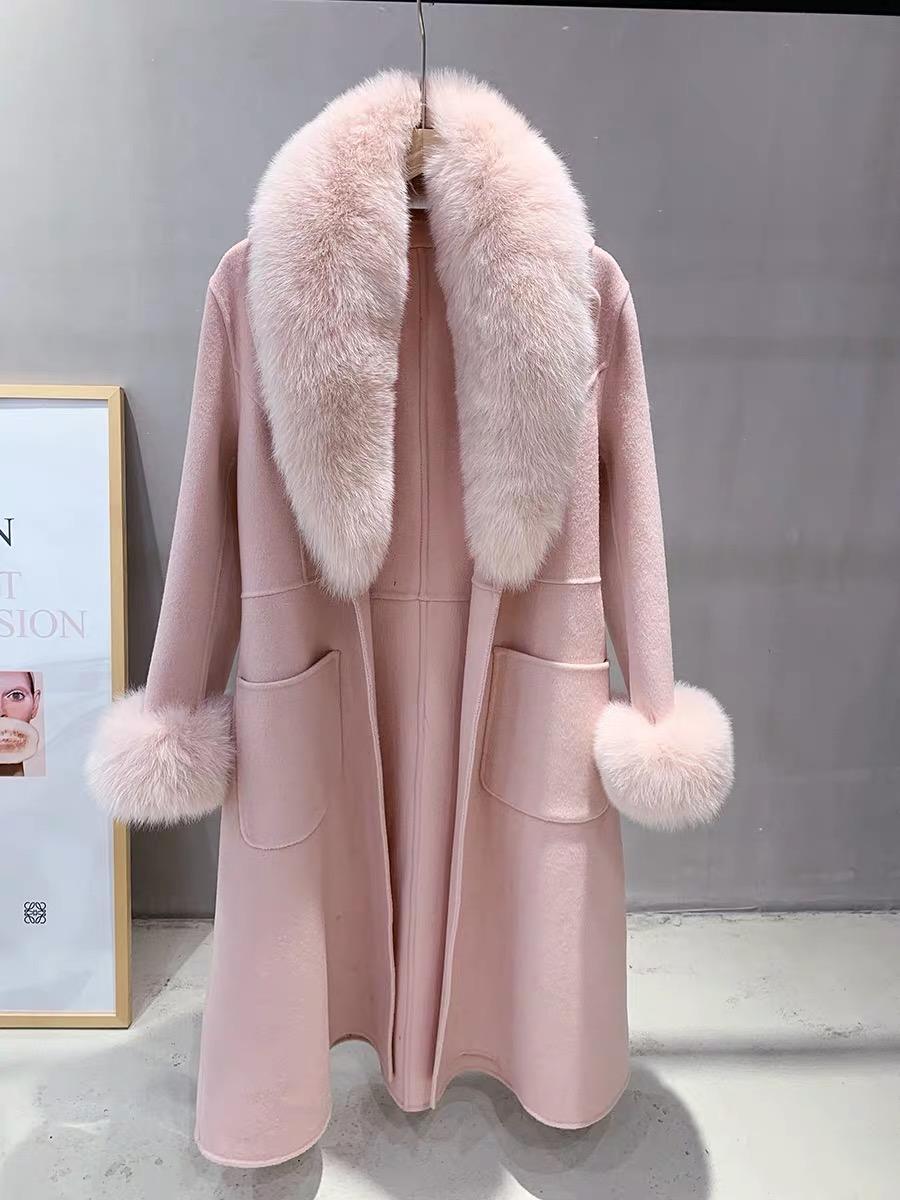 Custom Winter Pink Long Coat Wool Women Big Fox Fur Collar and Cuff Wool  Cashmere Women Coat