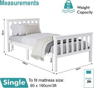 <span class=keywords><strong>Letto</strong></span> <span class=keywords><strong>Singolo</strong></span> Pieghevole in Legno di Pino Massiccio da 3 Piedi con <span class=keywords><strong>Testiera</strong></span> e Piedi Bassi, Design Moderno, Bianco 198Lx98Wx82H - Product Image 2