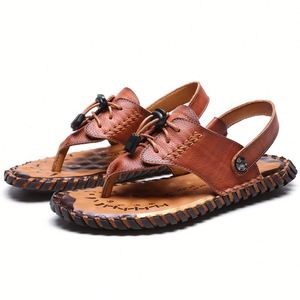 Sandales pour hommes en cuir véritable à bride en T, respirantes, à bout ouvert, décontractées, pour l'été, avec semelle extérieure en caoutchouc, semelle intermédiaire en EVA et design à lacets - Product Image 6