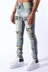 Yüksek kalite toptan tasarımcılar özel <span class=keywords><strong>Vintage</strong></span> mavi sıkı tahrip yırtık sıska Patchwork Denim kot erkekler - Product Image 3