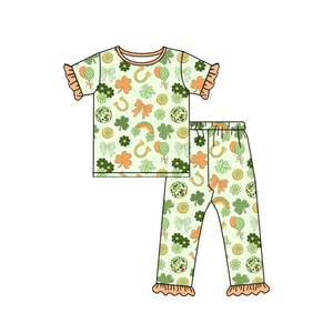 Baby <strong>St</strong>. <strong>Patrick's</strong> <strong>Day</strong> Pajama Set Toddler Girl Short Sleeve Long Pants Holiday Print Boutique Loungewear Wholesale Pre-order - Product Image 3