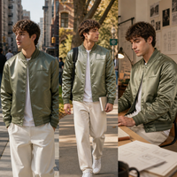 Blouson universitaire personnalisé pour homme en satin olive, avec boutons-pression, col et poignets côtelés, finition brillante, style baseball, bomber, universitaire, décontracté, streetwear