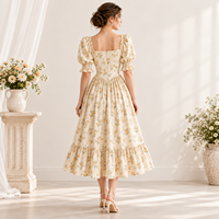 Robe midi personnalisée pour femme, légère, tissée, à imprimé floral, avec buste froncé, manches bouffantes, poignets froncés et ourlet à volants, coupe trapèze