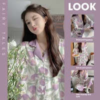 Ensemble de pyjama en soie glacée pour femmes printemps et été haut à manches longues et pantalon pleine longueur, costume de nuit confortable imprimé fleur de tulipe