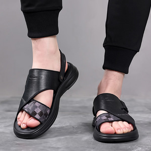 Sandales à enfiler pour homme noires, à porter de deux façons, motif à carreaux, sangle réglable avec boucle, semelle épaisse antidérapante, chaussures décontractées pour l'été - Product Image 2