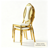 Chaises de salle à manger au design élégant européen, structure en métal doré électroplaqué, chaises empilables pour banquet avec coussin en cuir