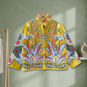 Wholesale Factory Custom <b>Women</b> Heavy Thread Embroidery Mustard Yellow <b>Velvet</b> <b>Jacket</b> Casual Open Front Stand Collar Short Coat OE - Product Image 3